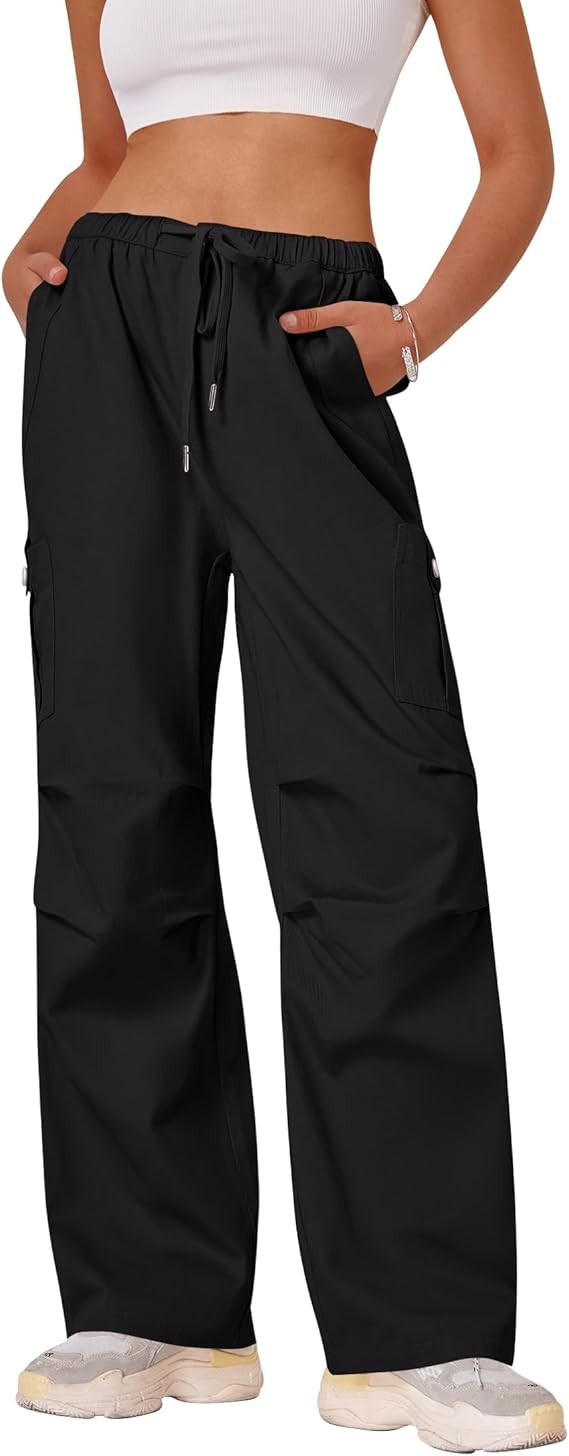 HAEOF Women's Baggy Cargo Pants Trendy Y2K Streetwear Casual Wide Leg Elastic High Waist Hiking T... | Amazon (US)