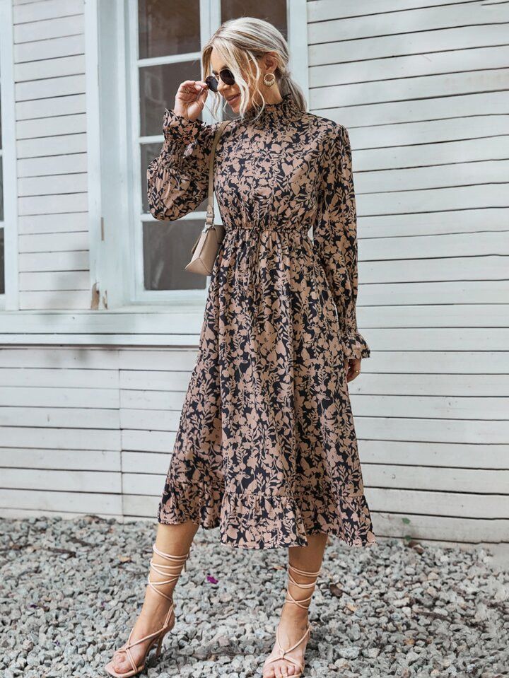 SHEIN Clasi Floral Print Shirred Flounce Sleeve Ruffle Hem Dress | SHEIN