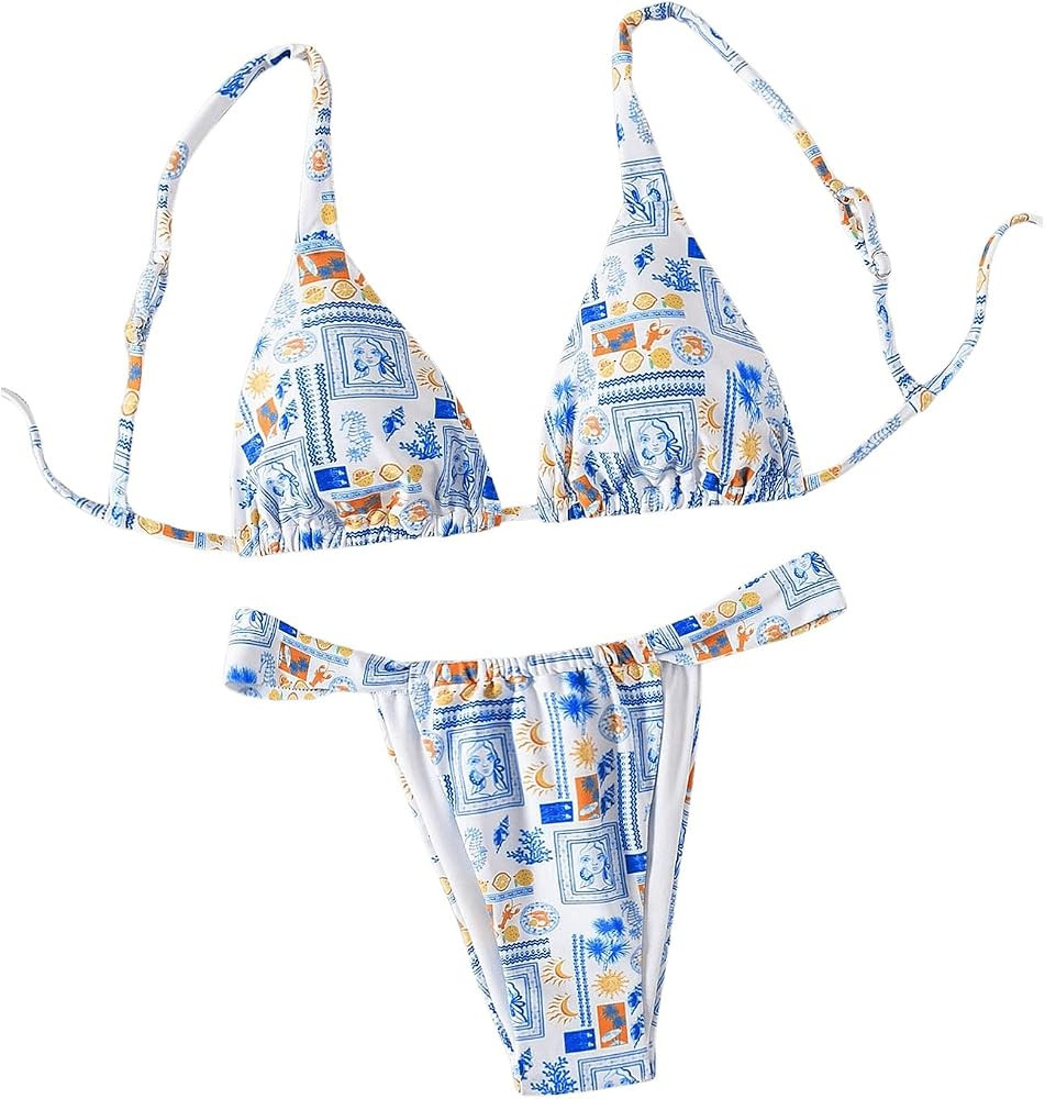 Women's 2 Piece Bathing Suit Graphic Boho Triangle Swimsuits Thong Cheeky Floral Bikini Set | Amazon (US)