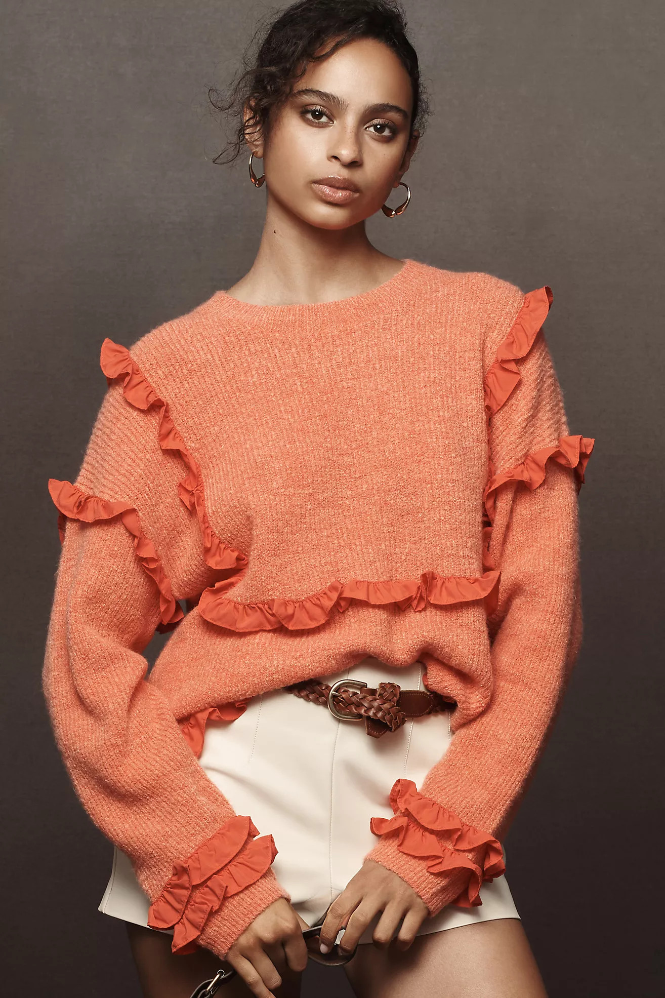 Self Contrast Crew-Neck Ruffle Sweater | Anthropologie (US)