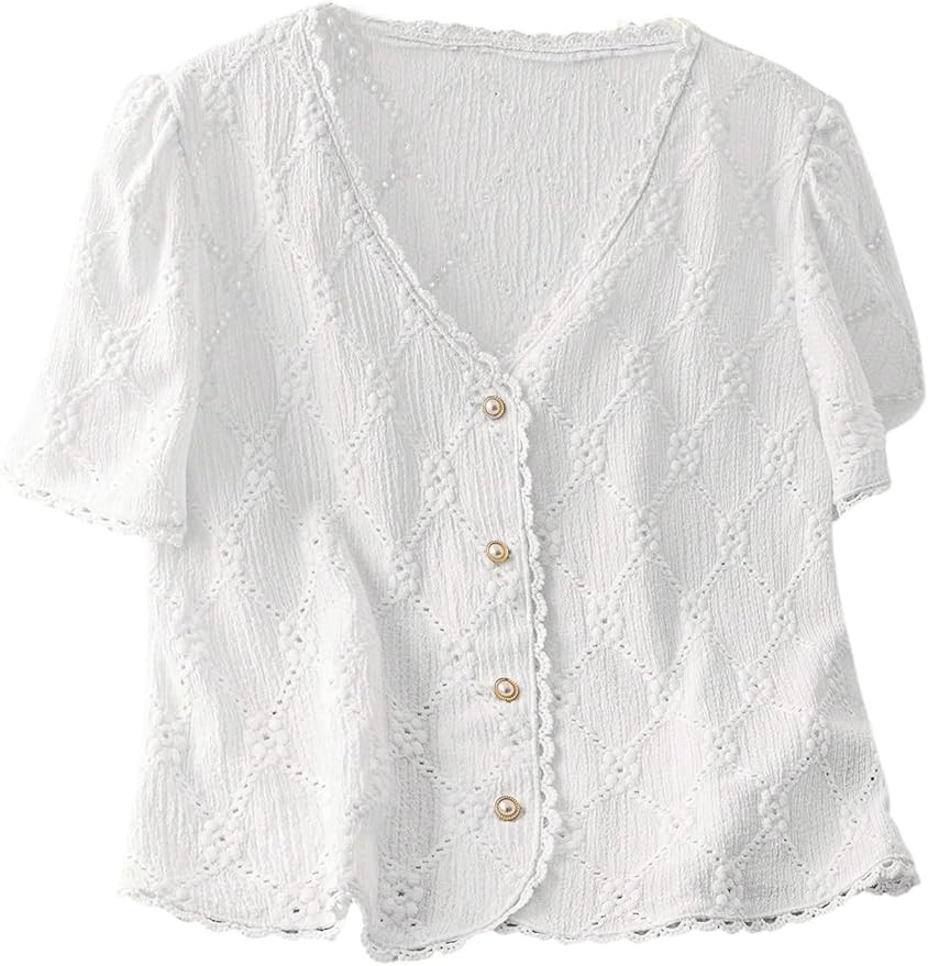 COZYEASE Women's Floral Embroidered Button Down Blouse Frill Trim Short Puff Sleeve V Neck Vacati... | Amazon (US)