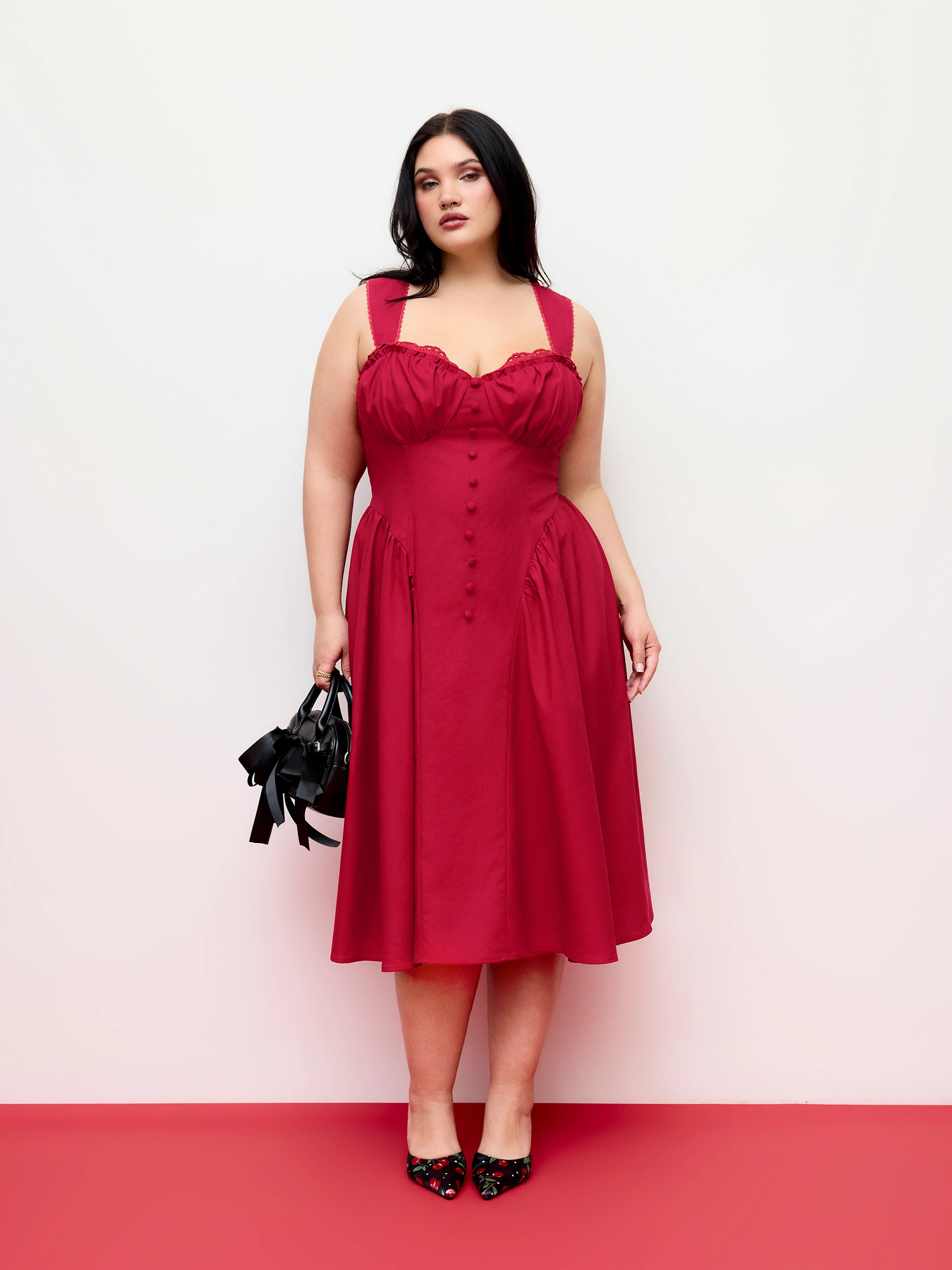 Valentine Woven Cotton-blend U-neckline Ruffled Lace Up Flared Maxi Dress Curve & Plus For Date P... | Cider