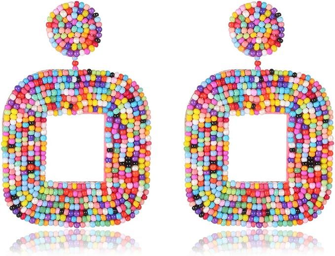 XOCARTIGE Beaded Drop Earrings Multicolored Seed Bead Earrings for Women Bohemia Statement Square... | Amazon (US)