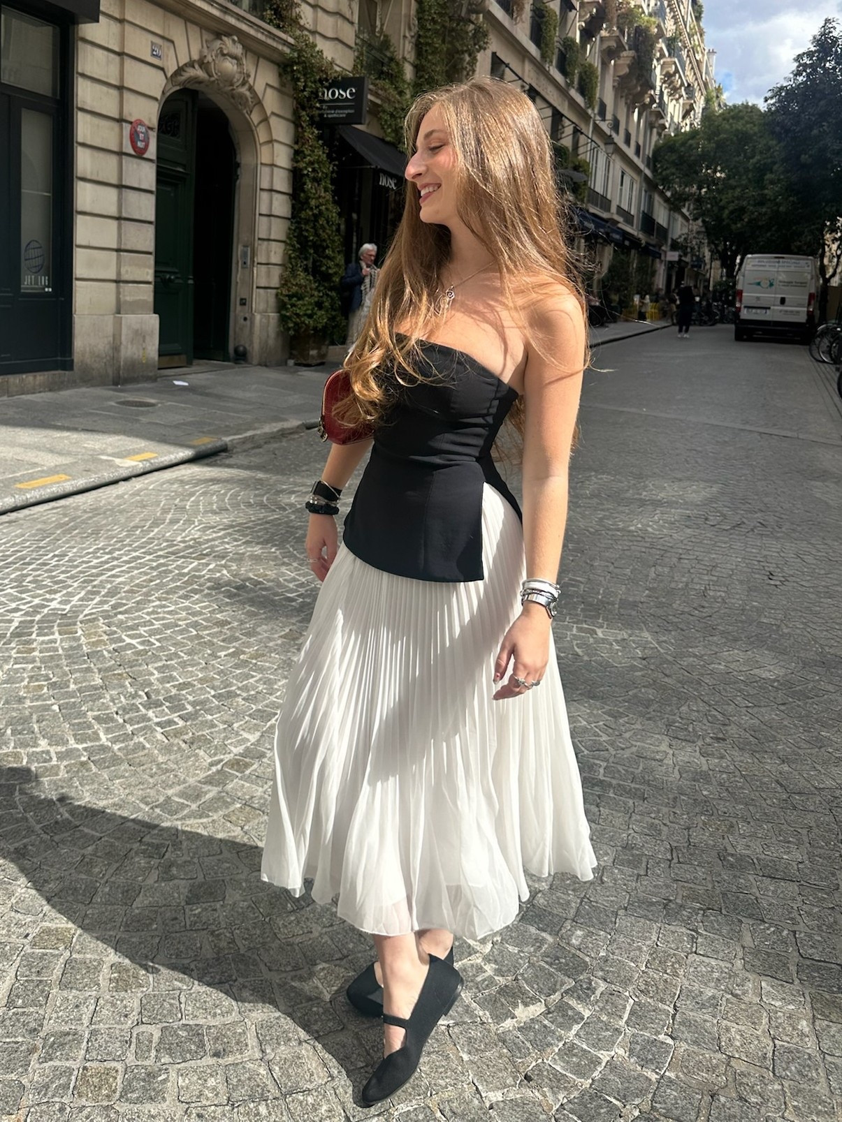 paris france europe outfit long white flowy pleated skirt with fitted aritzia tube top strapless black top for everyday use dress up or down formal informal mary jane flats comfy flat black shoes aritzia work travel inspired

#LTKootd #LTKBeauty #LTKTravel