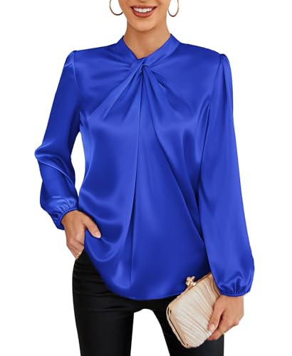 GRACE KARIN Women's Long Sleeve Shirts Mock Neck Casual Satin Blouse Tops for Business Office Work Royal Blue 2XL | Amazon (US)