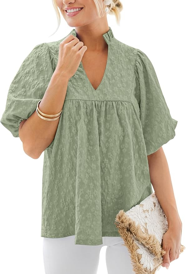 MASCOMODA Womens Summer Tops 2026 Ruffle V Neck Blouses Loose Puff Short Sleeve Jacquard Babydoll... | Amazon (US)