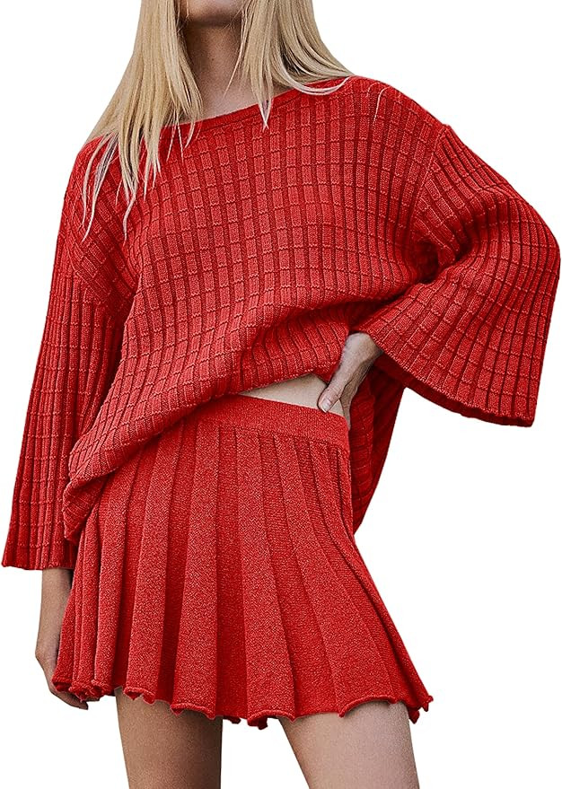 Sweater Set 2 Piece Skirt Sets for Women Two Piece Outfits Casual Loose Knit Pullover Mini Skirt | Amazon (US)