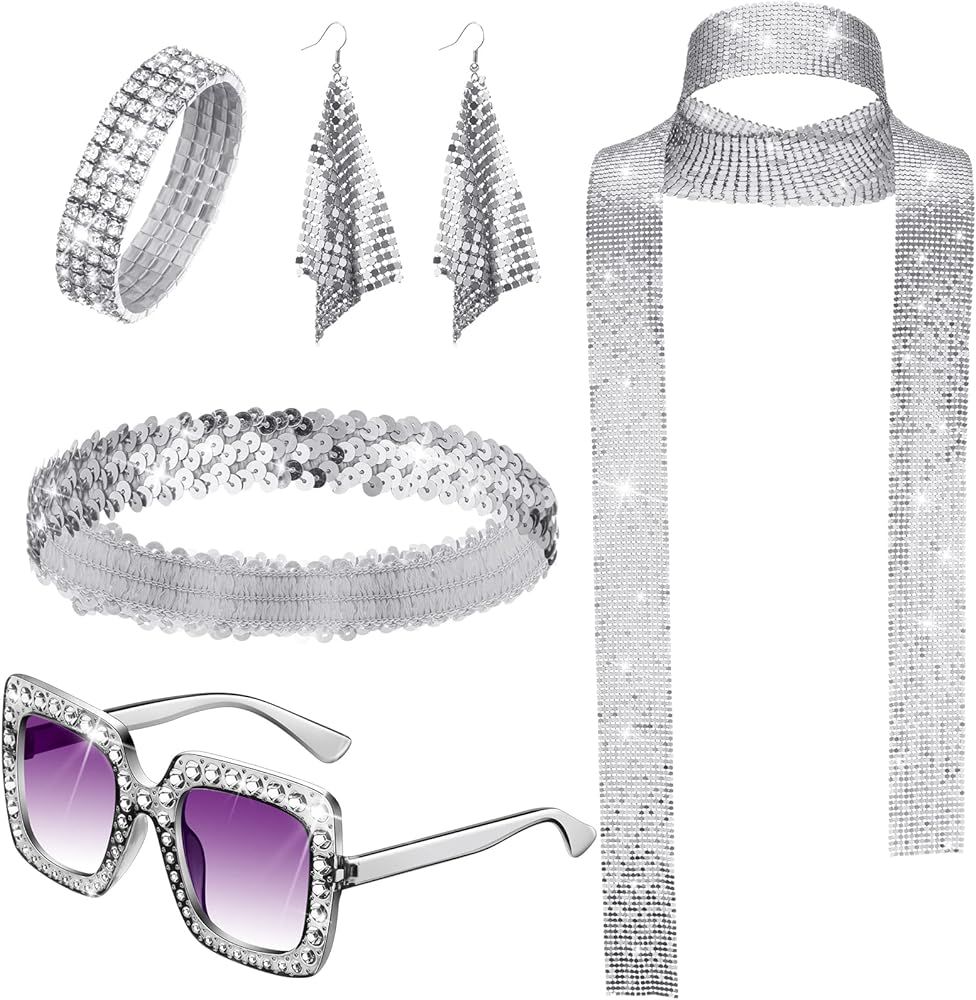 Sasylvia 5 Pcs 70s Disco Accessories Women Costume Jewelry Disco Earrings Sequin Scarf Sunglasses... | Amazon (US)