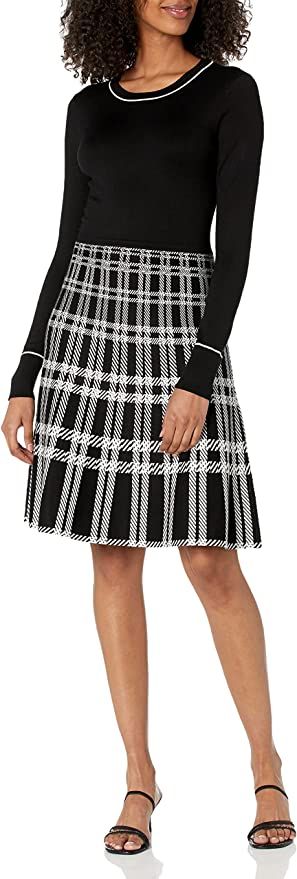 KARL LAGERFELD PARIS WOMEN'S DRESSES Women's A-line Sweater Knit with Plaid Skirt | Amazon (US)