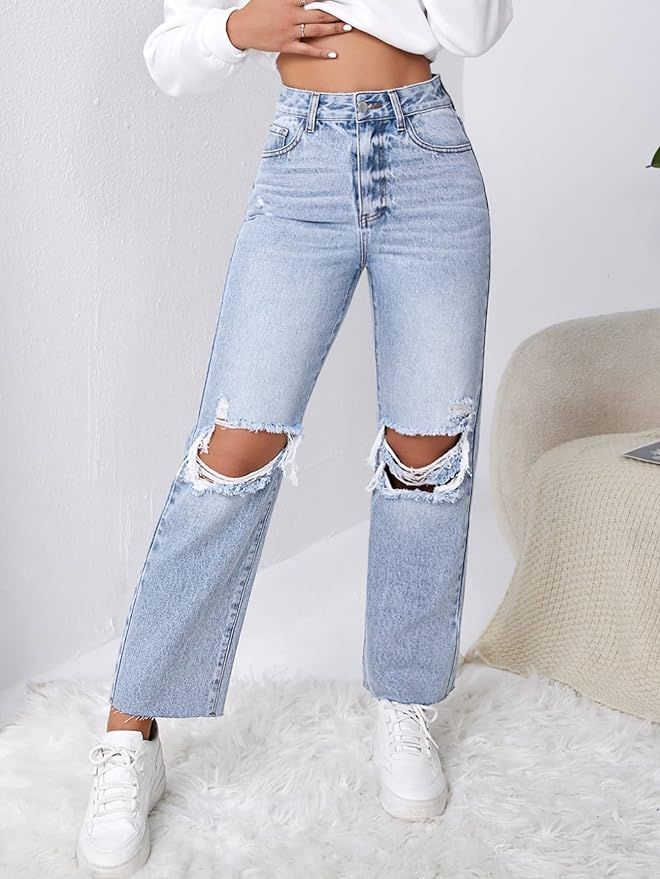 MakeMeChic Women's High Waist Straight Leg Ripped Jeans Distressed Denim Pants | Amazon (US)