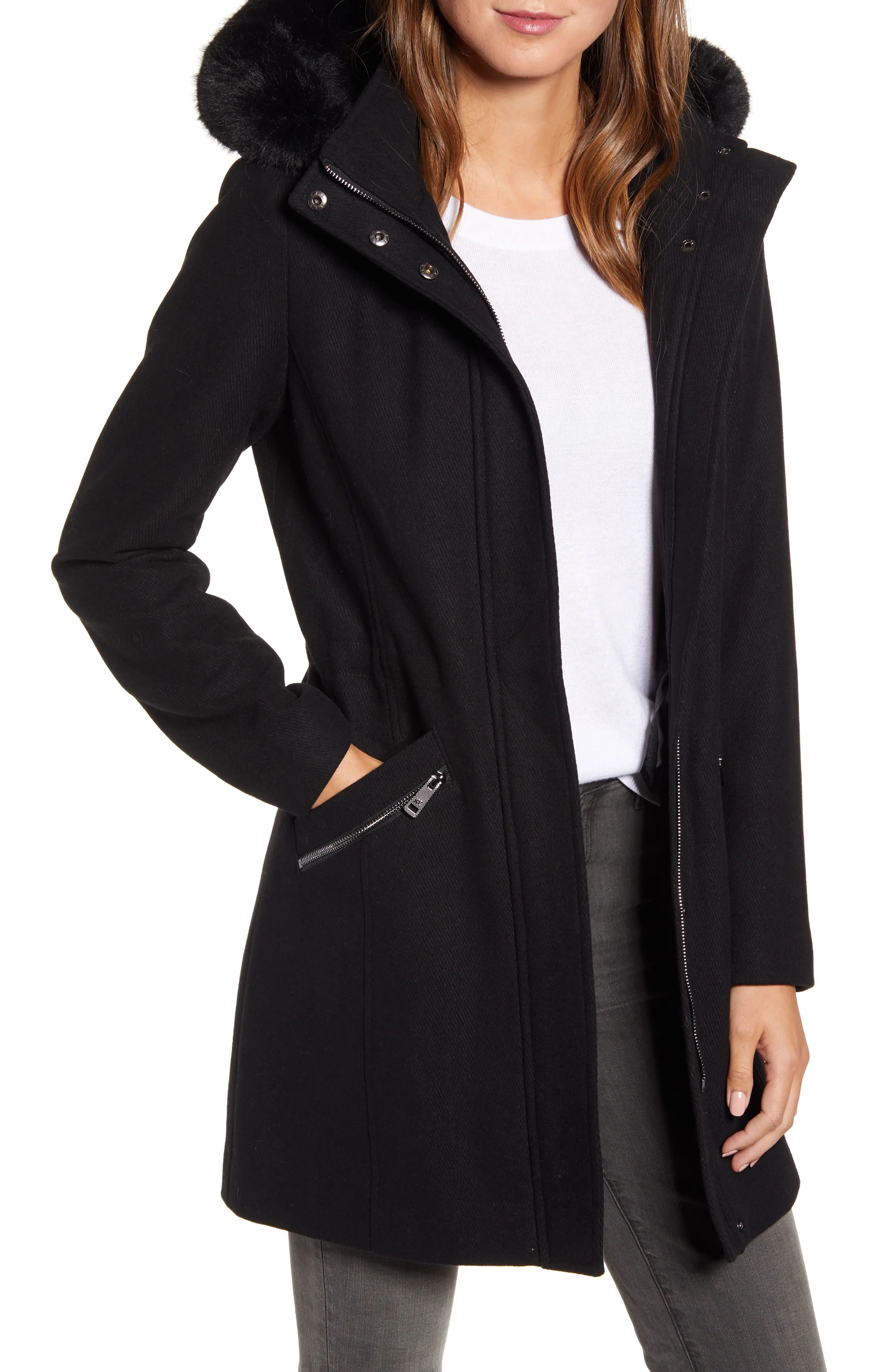 Wool Blend Twill Hooded Coat with Faux Fur Trim | Nordstrom