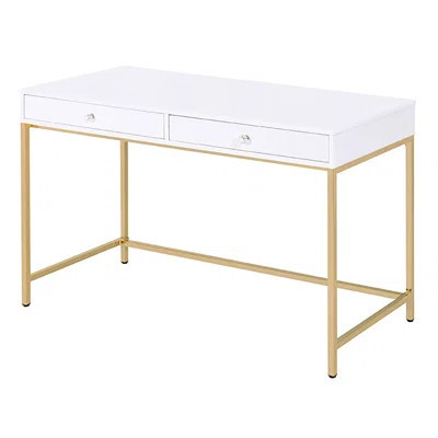White High Gloss And Gold Metal Desk For Home Office Decor Elegant With Surface Trim | Wayfair North America