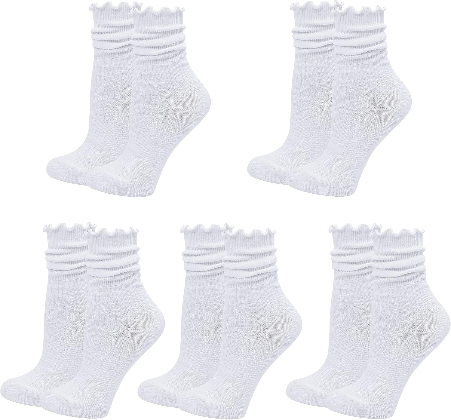 Bienvenu Ruffle Slouch Socks for Women, Cute Cotton Crew Socks, Frilly Novelty Knit Socks 5 Pairs | Amazon (US)