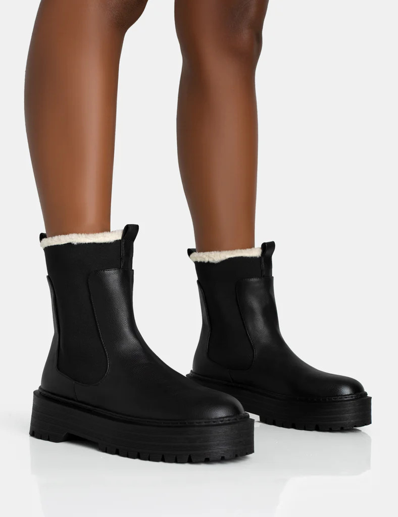 Alpine Black Pu Faux Fur Trim Elasticated Ankle Detail Rounded Toe Chunky Sole Ankle Boots | Public Desire