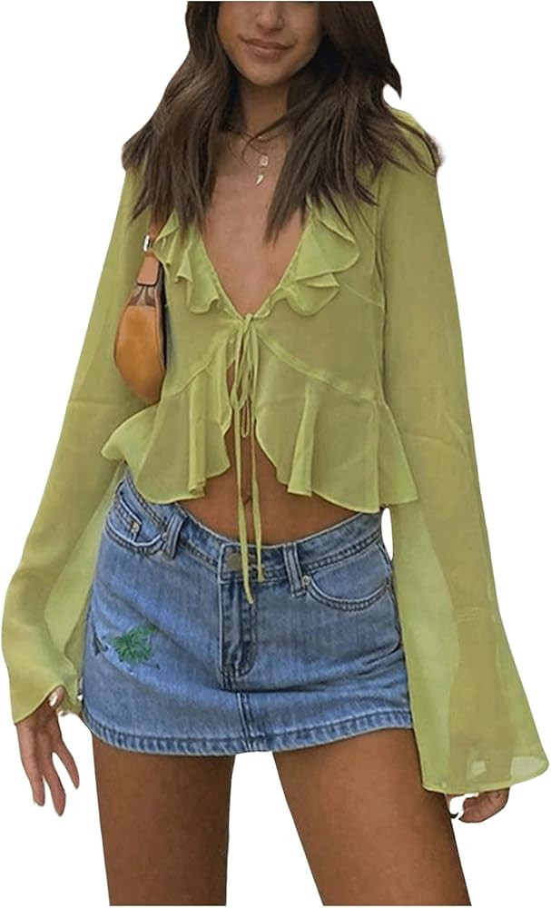 GORGLITTER Women's Tie Front Ruffle Sheer Blouse Dressy Long Sleeve Low Cut Going Out Crop Tops | Amazon (US)
