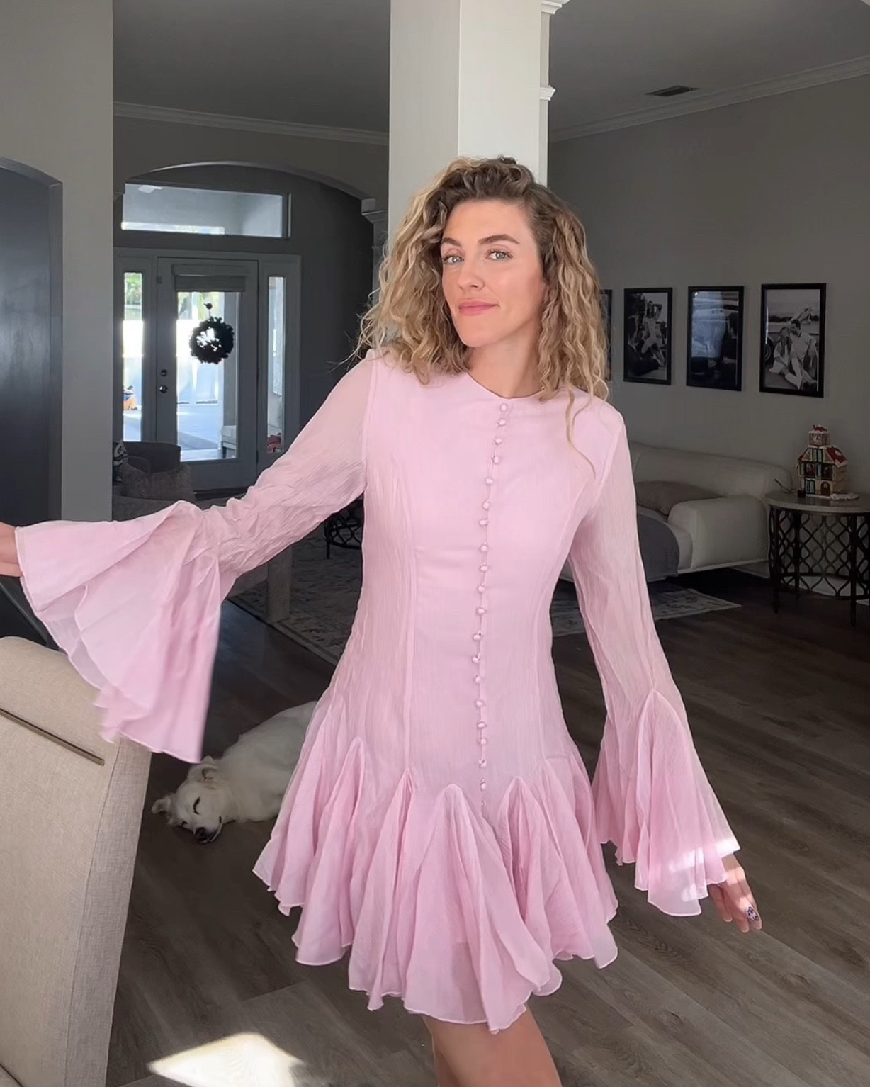 Flowy fairy dress buttons high neck long sleeve 