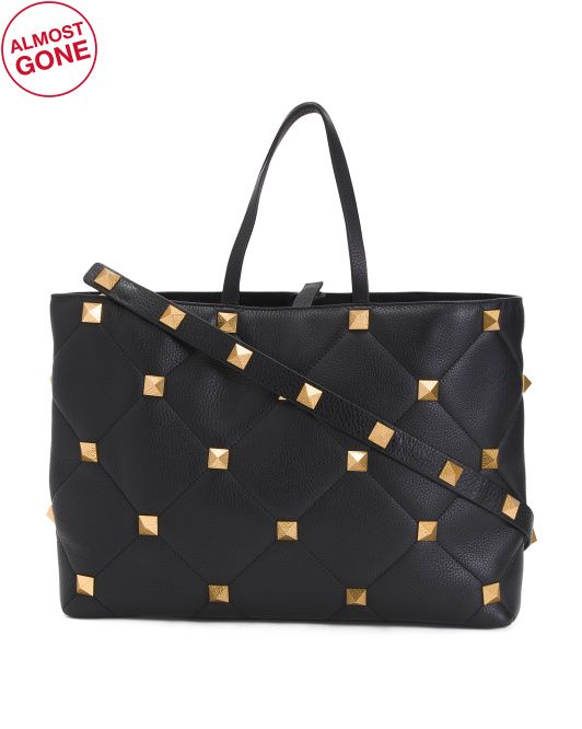 Made In Italy Leather Quilted Stud Tote | TJ Maxx