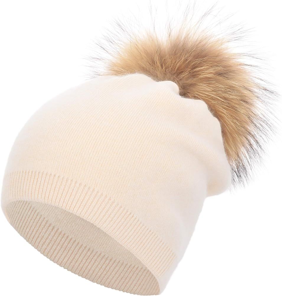 Soft Double Layer Cashmere Winter Slouchy Knit Beanie Hat with Removable Real Fur Pom Pom Knit Be... | Amazon (US)