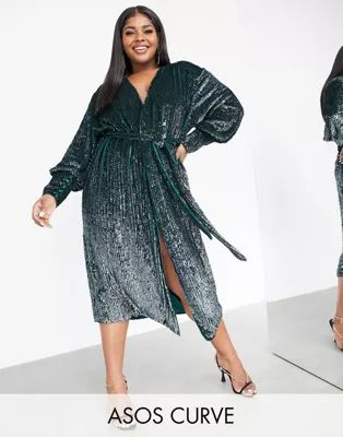 ASOS EDITION Curve sequin wrap midi dress in forest green | ASOS (Global)