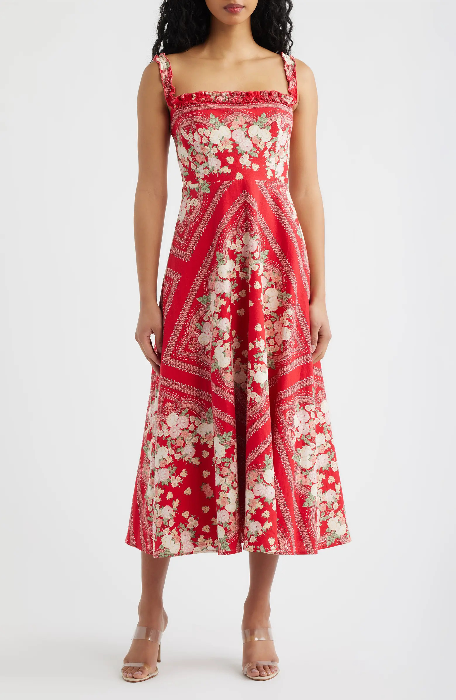 Arabella Floral Linen Blend Midi Dress | Nordstrom