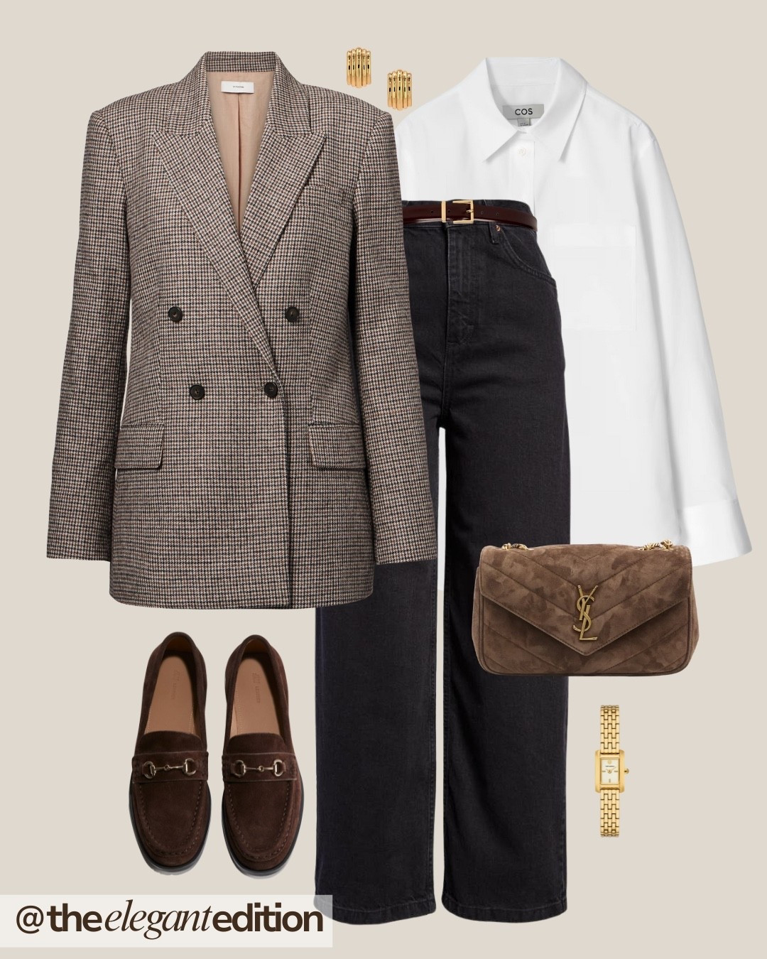 HOUNDSTOOTH BLAZER WITH LOAFERS 🤎
houndstooth checked blazer double breasted jacket white crisp shirt COS black straight jeans denim brown suede loafers Gucci horsebit gold earrings vintage watch brown suede handbag YSL fashion autumn winter office outfit casual Friday elegant Parisian chic

#LTKeurope #LTKstyletip #LTKworkwear

#LTKstyletip #LTKeurope #LTKworkwear
