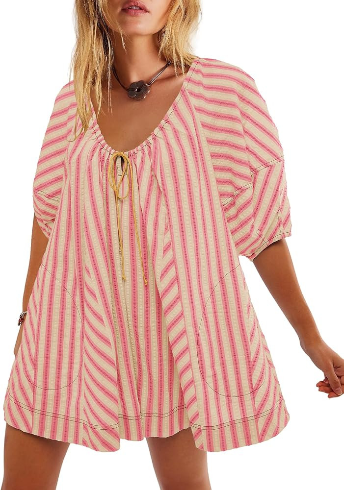 Yanekop Womens Romper Dress with Shorts Striped Romper Overall Oversized Short Jumpsuit V Neck Pu... | Amazon (US)