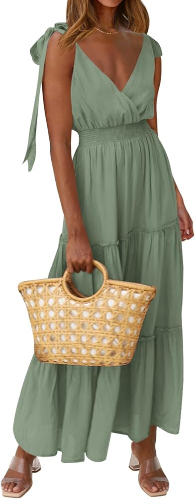PRETTYGARDEN Women's Cross Neck Summer Sleeveless Tiered Maxi Dress Beach Tie Strap Smocked Long ... | Amazon (US)
