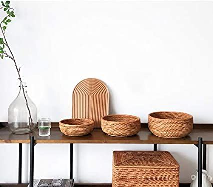 Amazon.com: YANGQIHOME Natural Rattan Round Fruit Basket Bowls, Handwoven Storage Serving Baskets... | Amazon (US)