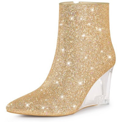 Perphy Women's Sparkly Glitter Pointy Toe Clear Wedge Heels Ankle Boots Gold 9 | Target