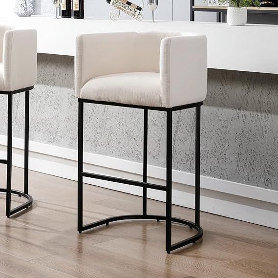Linen Upholstered Barstool, 32'' H Mid Century Modern Fabric Bucket Barstool for Home Bar, Dining... | Amazon (US)