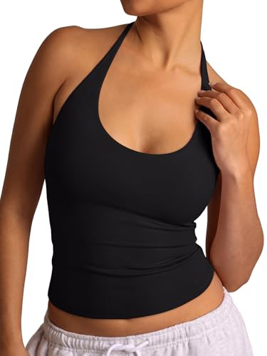 REORIA Womens Halter Tank Tops Tight Basics Tie Scoop Neck Sexy Backless Double Lined Going Out Cute Summer Slim Fitted Trendy Sleeveless Shirts Black | Amazon (US)