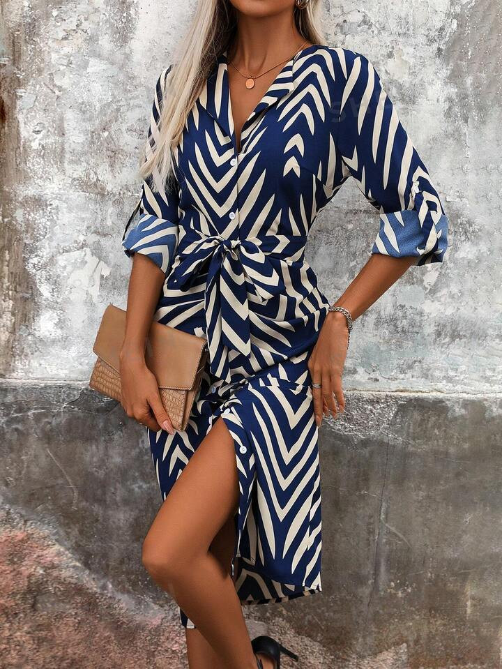 SHEIN Clasi Women Summer V-Neck Herringbone Print Belted Dress | SHEIN