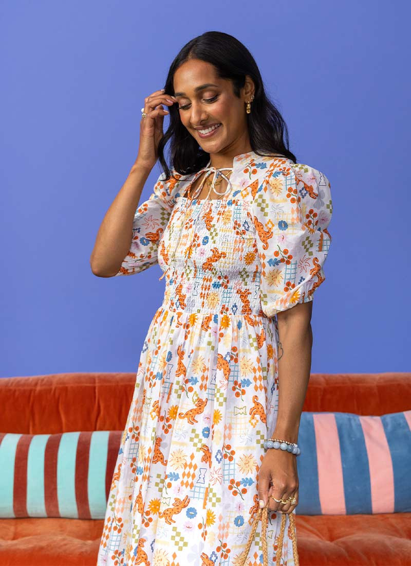 Zeena X Joanie - Jesse Abstract Pomodoro Print Tie Neck Midi Dress | Joanie