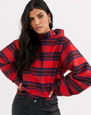 ASOS DESIGN long sleeve taffeta check top with neck tie | ASOS US