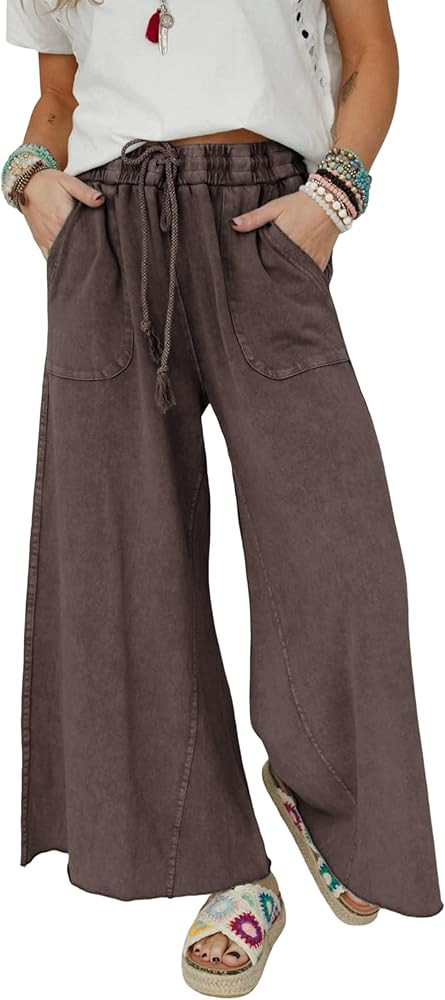 Athlisan Womens Wide Leg Sweatpants Acid Wash Drawstring Waist Cropped Pants Casual Baggy Palazzo... | Amazon (US)