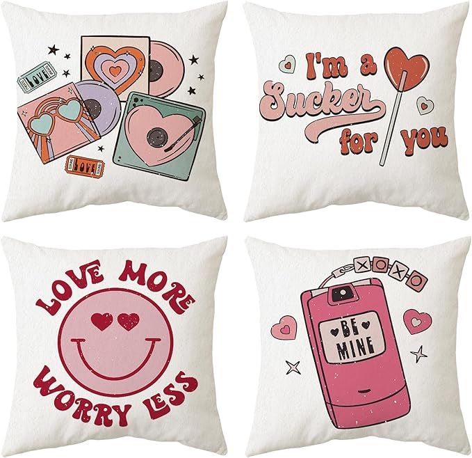 Sidhua Preppy Love Themed Pillowcase Decorations for Home, Retro Preppy Love More Worry Less Pink... | Amazon (US)