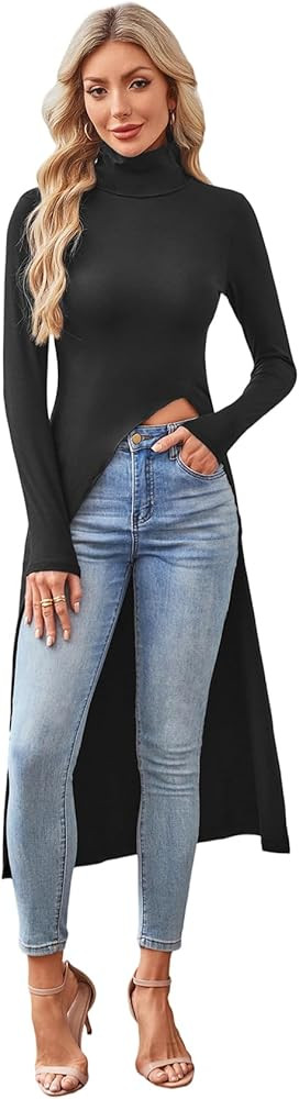WDIRARA Women's Front Split Long Sleeve Shirt Dress High Neck Long Asymmetrical Hem Slim Fit Blou... | Amazon (US)