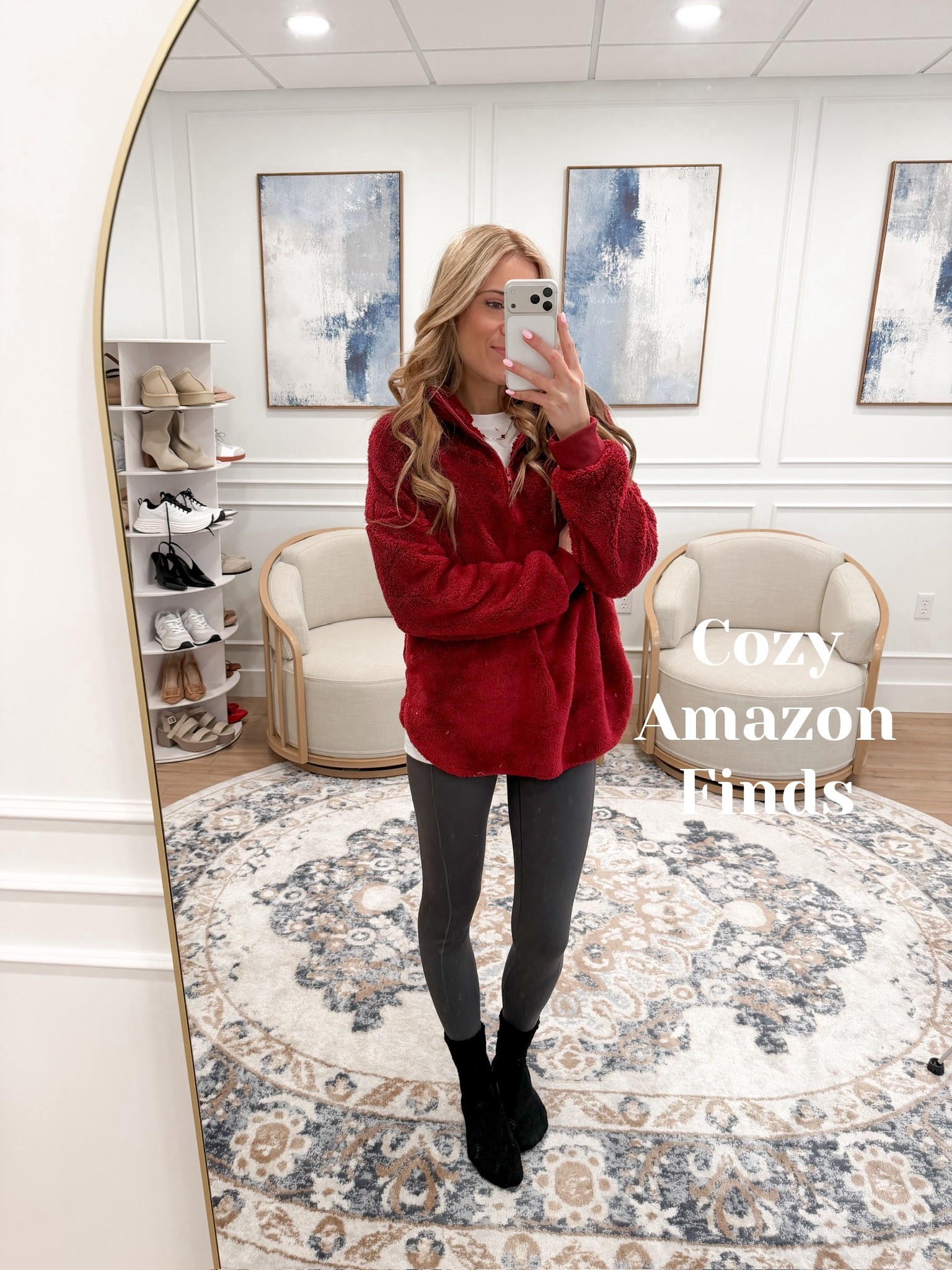 Amazon cozy find! 🤎 Wearing size small in this ultra-soft quarter-zip sherpa pullover — so warm and plush for winter layering. Paired it with fleece-lined leggings and comfy sock boots for a casual but cute cold-weather look. This whole outfit is budget-friendly and perfect for errands, lounging, or walks in chilly temps!

#LTKTall #LTKSeasonal #LTKFindsUnder50