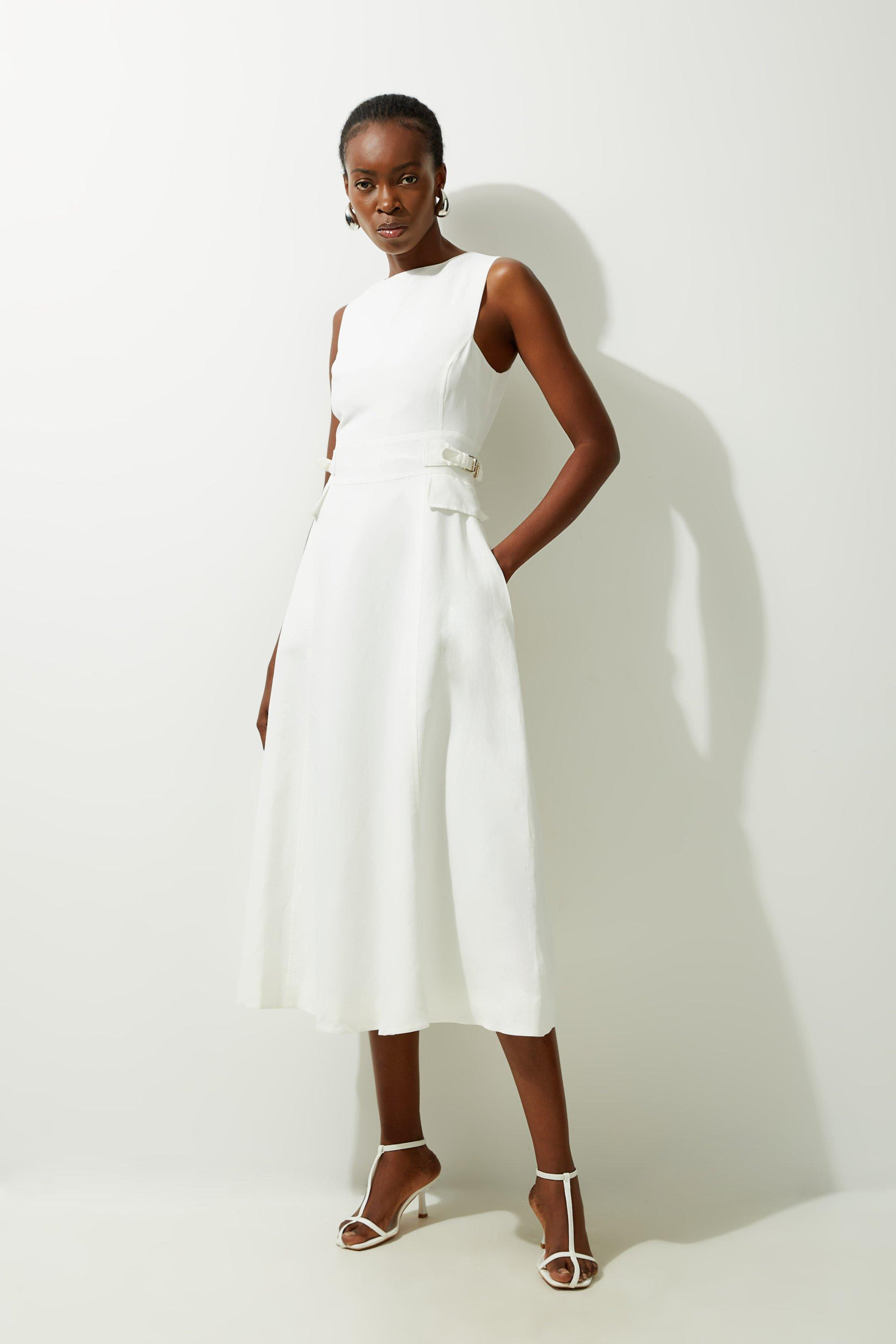 Premium Linen Tab Waist Detail Full Skirt Tailored Midi Dress | Karen Millen UK + IE + DE + NL