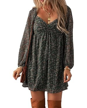 Women's Green Floral Print Sweetheart Neck Shirred Back Mini Dress | Amazon (US)