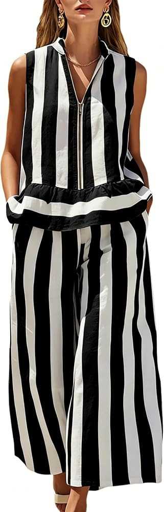 Mingzhu Women's Summer Striped 2 Piece Outfits Sleeveless Ruffle Top and Wide Leg Pants Lounge Zi... | Amazon (US)