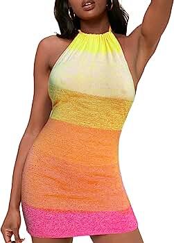 Women’s Mini Dress Knitted Backless Halter Sleeveless Shinny Club Party Holiday Beach Bodycon D... | Amazon (US)