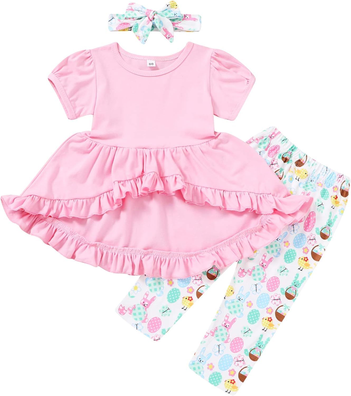 Kid Toddler Girl Easter Clothes Baby Short Sleeve Ruffle Top +Rabbit Pants Summer Outfits 1-5 Yea... | Amazon (US)