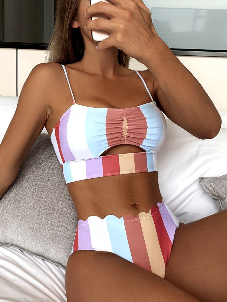 Color Block Scallop Trim Bikini Swimsuit | SHEIN
