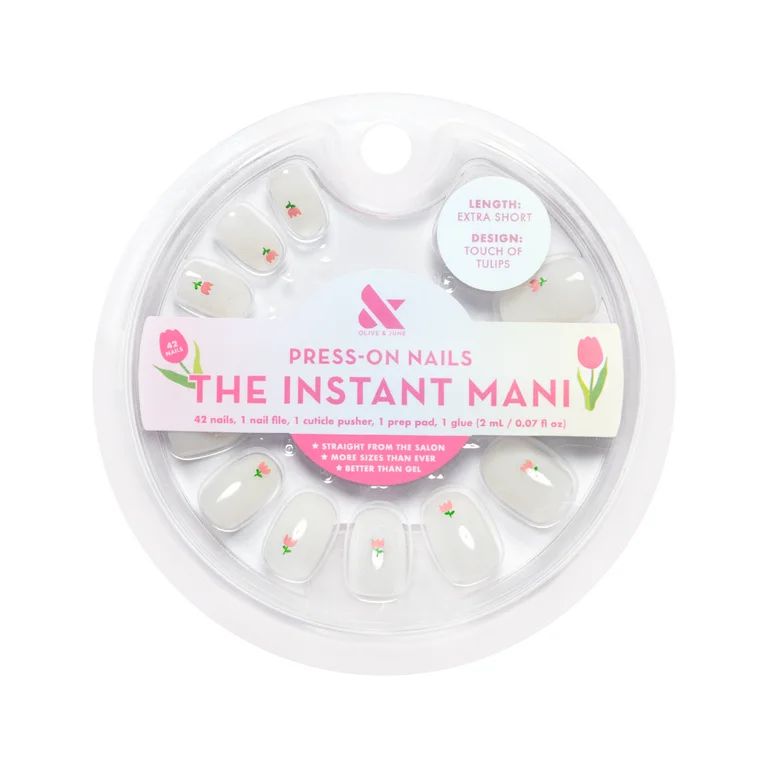 Olive & June Instant Mani Extra Short Round Press-On Nails, White, Touch of Tulips, 42 Pieces - W... | Walmart (US)