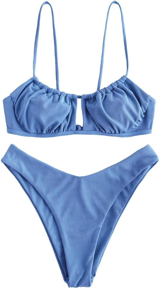 ZAFUL Women's Spaghetti Strap Cutout Keyhole Ruched Tie Cami Bikini Set Swimsuit | Amazon (US)