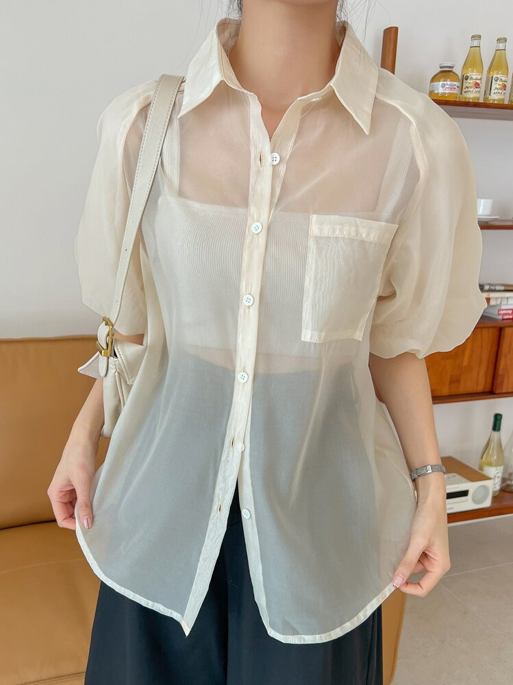 DAZY Relaxed Fit Solid Color Turn Down Collar Short Sleeve Women Blouse, Business Casual Summer Sheer | SHEIN