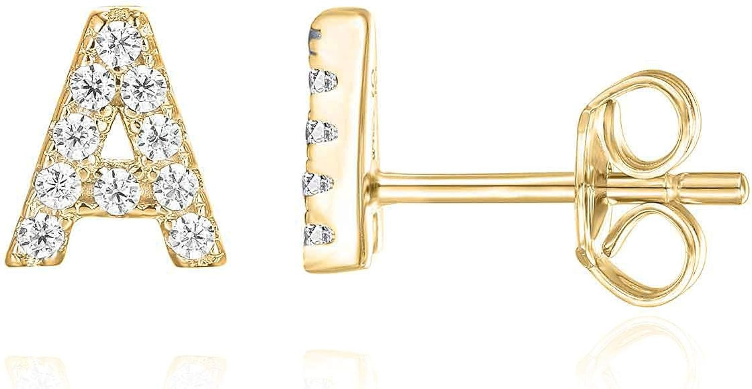PAVOI 925 Sterling Silver, 14K Gold Plated, CZ Simulated Diamond Stud Earrings Fashion Alphabet L... | Amazon (US)