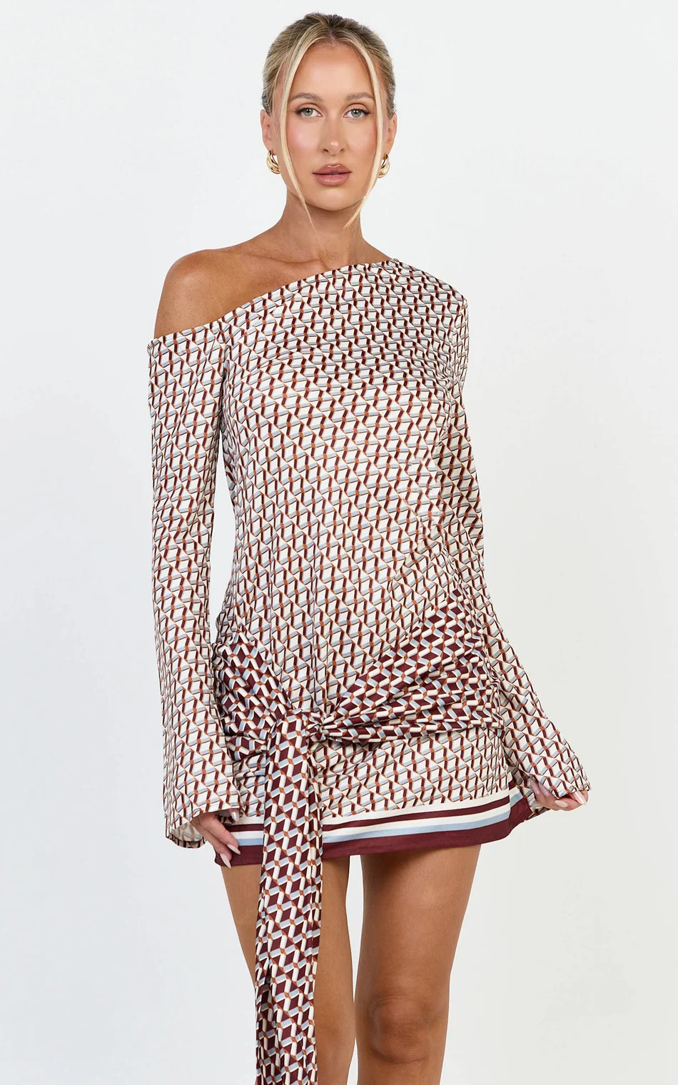 Geo Print Off Shoulder Tie Front Dress in Geo Border Print | Showpo (US, UK & Europe)