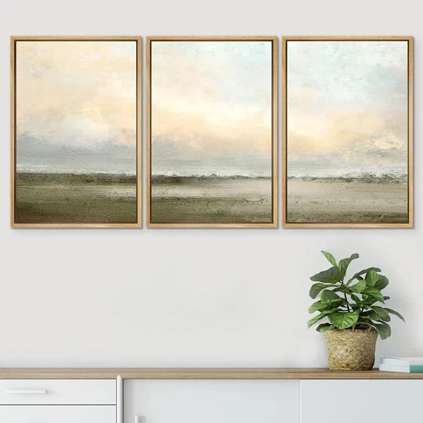 Pastel Green Sunset Abstract Nature Landscape Minimal Neutral Framed Canvas Print Wall Art Set 3 | Wayfair North America